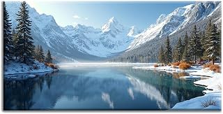 Yeawin Mountains Wall Art Canvas Print Decor Pictures Painting Snowy Peaks Lake Alpine Landscape Winter Scenery Blue And White Living Room Bedroom 16X8Inch