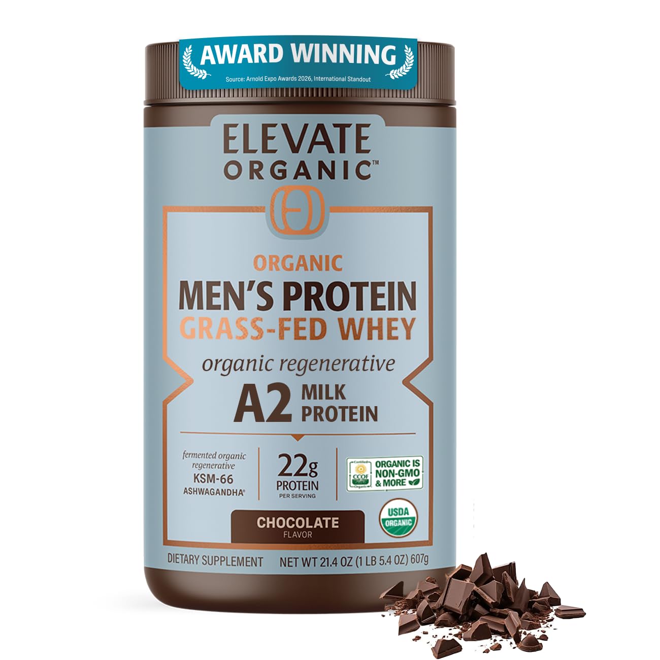 ELEVATE ORGANIC Proteína Whey em Pó A2 de Pastagem, Chocolate, 22 g de proteína por porção, 607 g