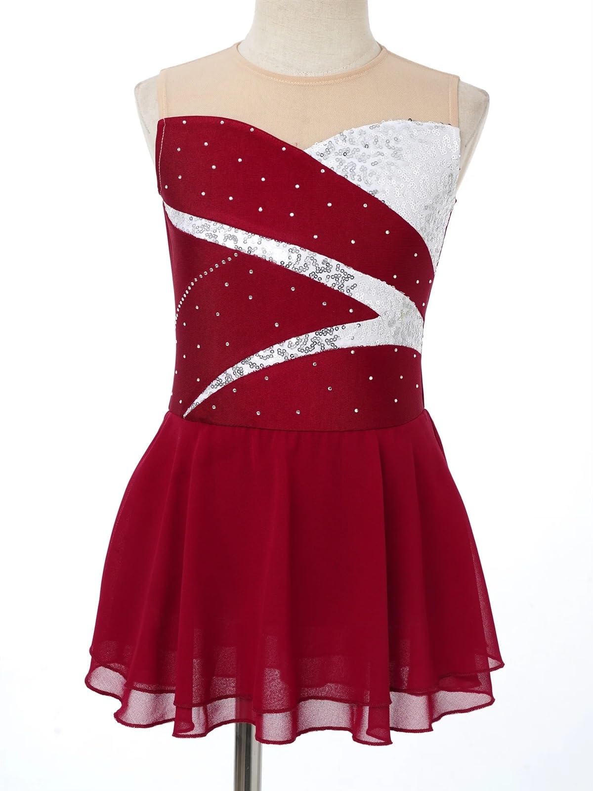 Maillot Gimnasia Ritmica Traje de patinaje artístico for niñas, malla con costura de diamantes de imitación, medias de ballet, danza, gimnasia, tutú, disfraz de actuación en el escenario(Pink B,16)