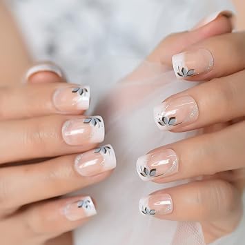 Amazon Com Ombre Pink Nude White French Press On Fake Nails Shimmer Glitter Leaf Short Squoval Square Nails For Girl False Finger Nail Art Tips Everything Else