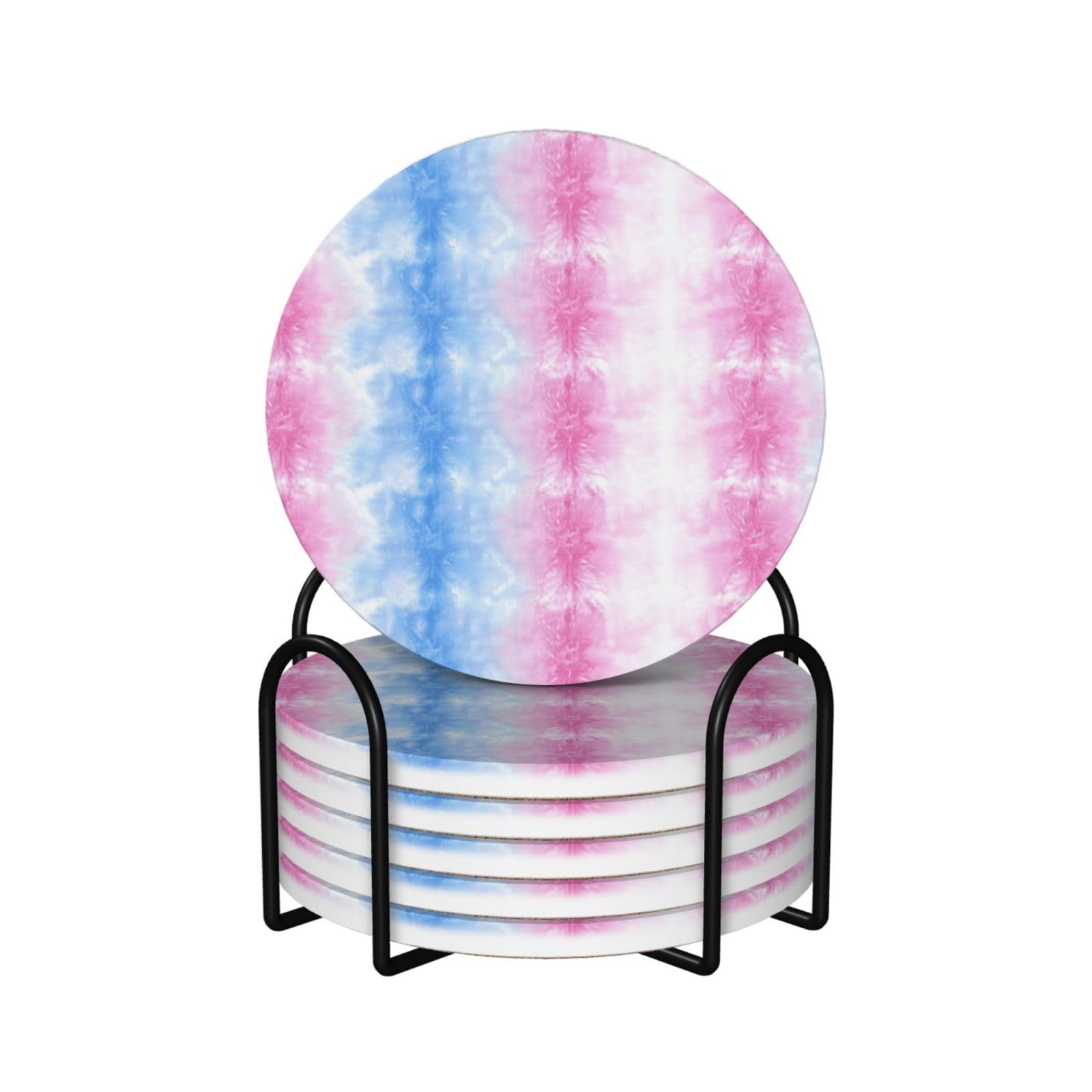 Gradient Blue Pink Tie Dye Linen Texture Ceramic Coasters with Holder 6ps
