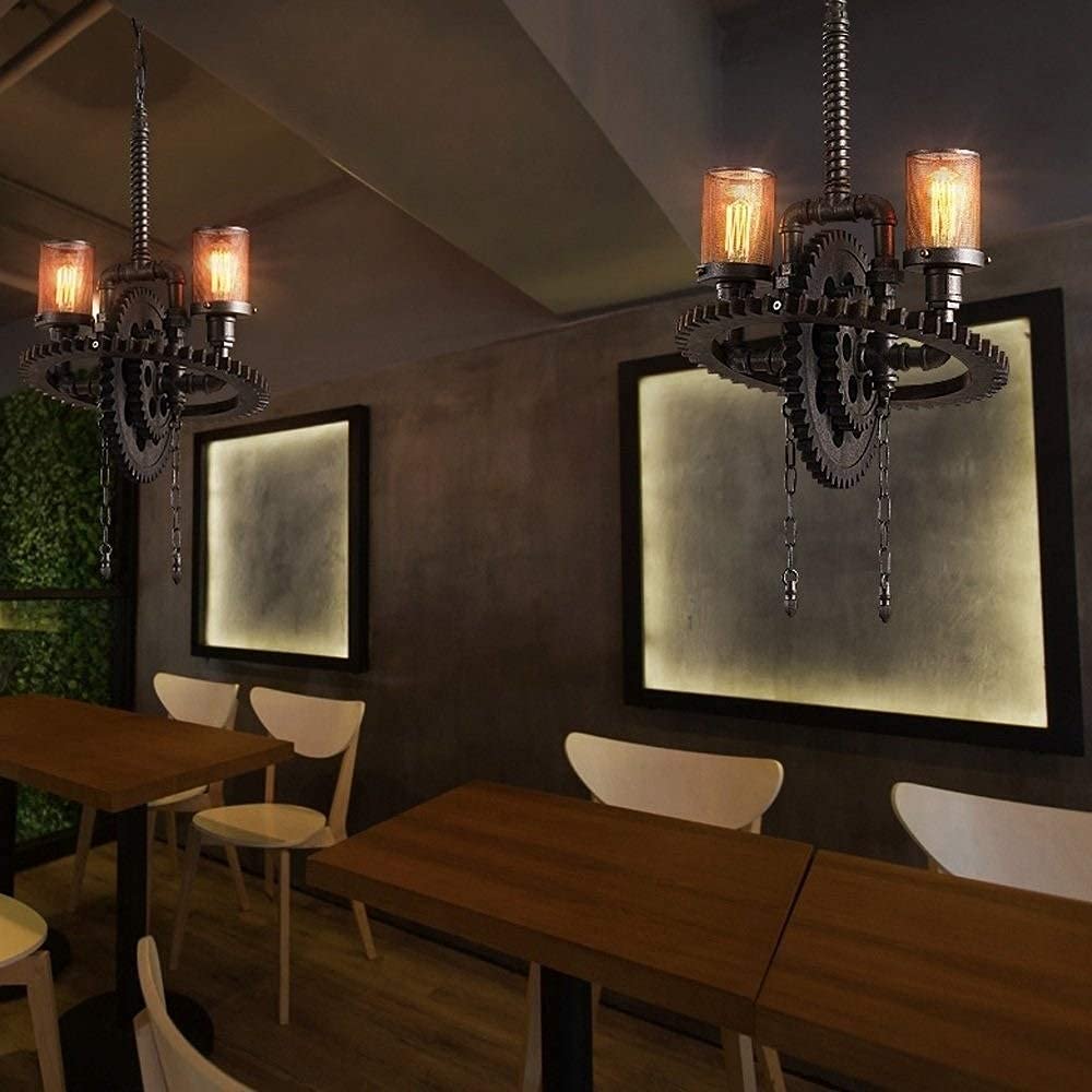 Machine Antiguo Steampunk Hierro Forjado Steampunk Americano Retro Industria Creativa Hierro Engranaje Metal Chandelier Agua Pipa Colgante Luces Restaurante Gran Lámpara de Techo Lámparas Modernas