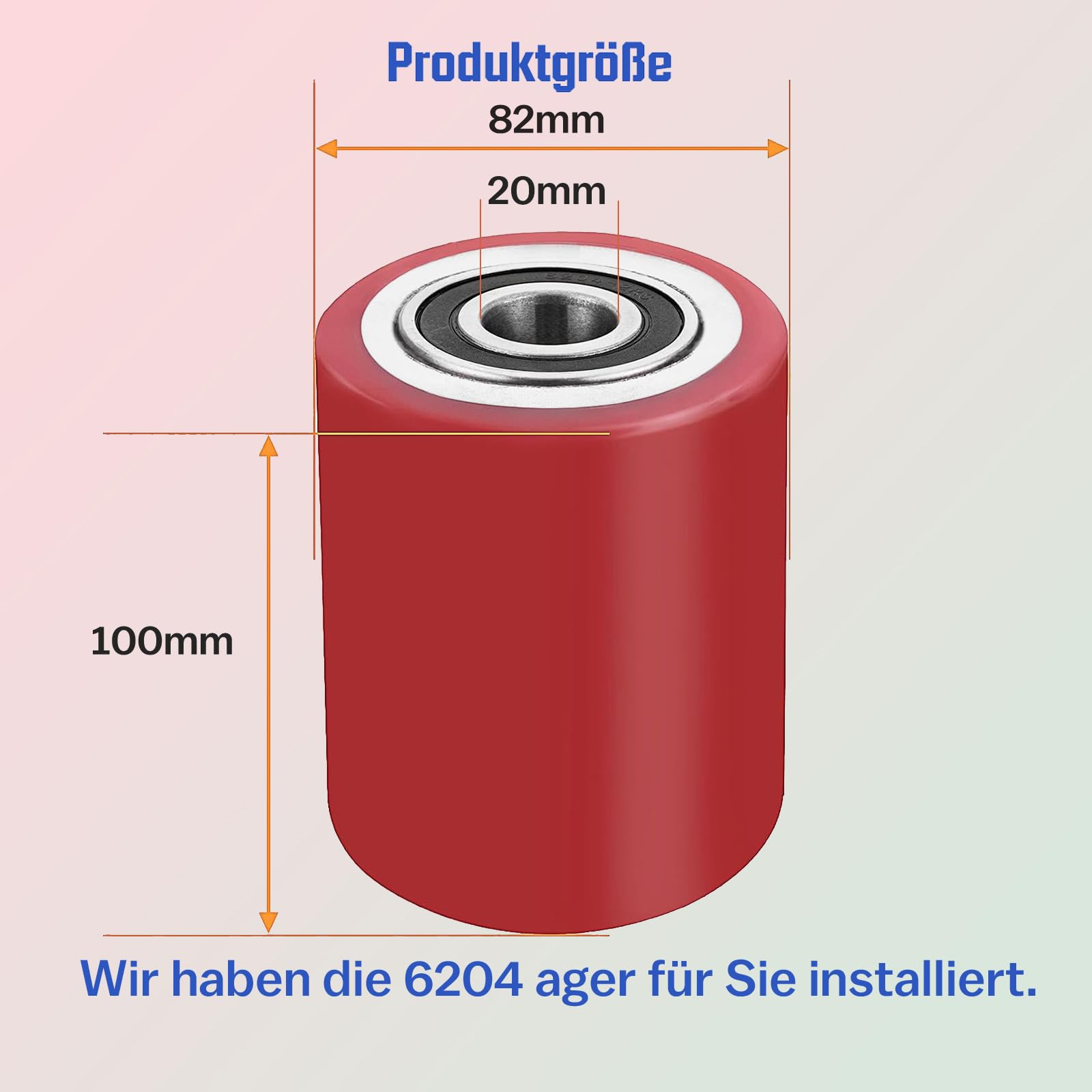 2 Stück Hubwagen Rolle Polyurethan 82 x 100 mm, mit Kugellager Rollen für Hubwagen Ersatzrollen Laufrolle | Achse 20 mm | Durchmesser 82 mm | Breite 100 mm | Maximale Belastung: 700 KG