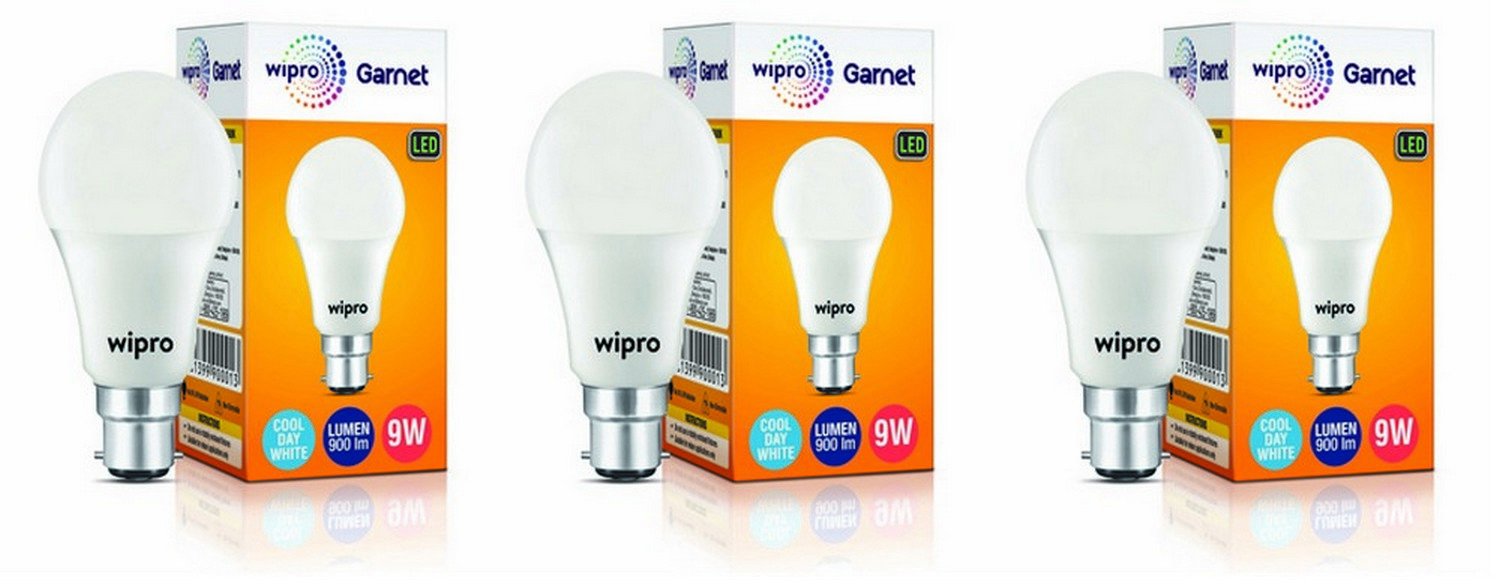 wipro Garnet 9W LED Bulb for Home & Office |Cool Day White (6500K) | B22 Base|220 degree Light coverage |4Kv Surge Protection |400V High Voltage Protection |Energy Efficient | Pack of 3