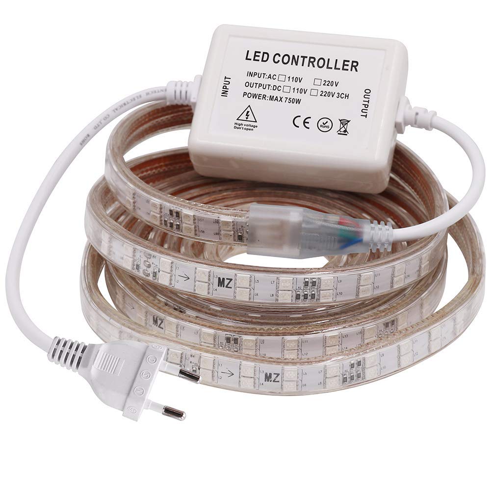 XUNATA Ruban à LED RGB, AC 220V 230V 5050 120leds / m IP65 étanche, Strip Flexible Bande, Pas d'auto-adhésif, LED Strip Light avec changement de 24 Touches Télécommande (11M)