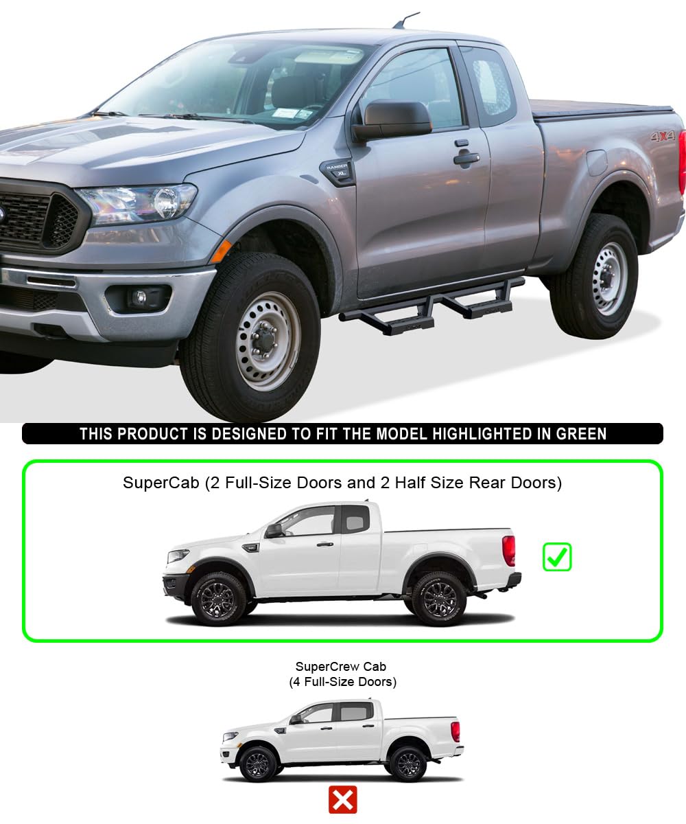 APS Drop Steps Running Boards Compatible with Ford Ranger 2019-2023 Super Cab | 304 Stainless Steel Side Steps Nerf Bars | Anti-Slip | 500lbs Capacity | 5-Year Warranty