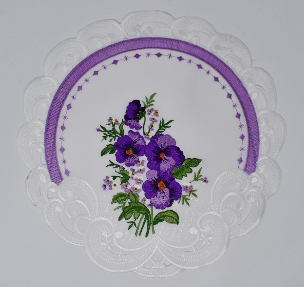 212 Main 12 in. Purple Pansy on Cream Fabric Doily