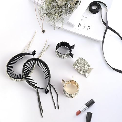 Miniatura 8 de Abnaok Accesorios para el cabello con diamantes de imitación fundas para moño, clips de tiburón para colas de caballo y moños de pelo largo, clips