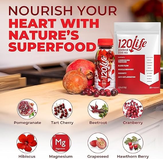 120LIFE Blood Pressure Support, Natural Beet Root Powder Drink Mix with Pomegranate Powder, Cranberry Supplement, Tart Cherry, Hibiscus, and Magnesium (28 Servings) - Gluten-Free, Vegan