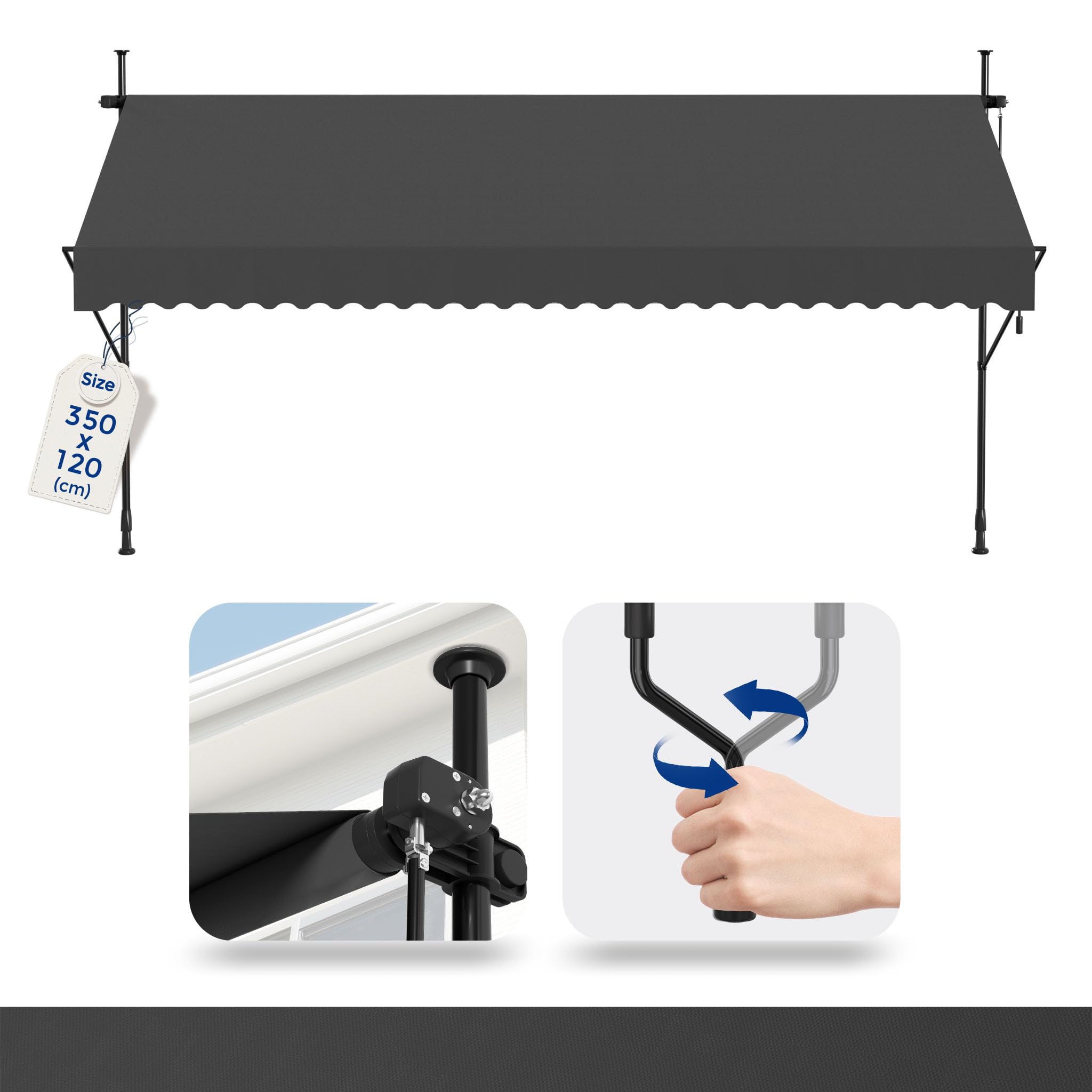 Froadp Markiza Zaciskowa Rozkładana Ręcznie Sunshade Balkon Bez Wiercenia Regulacja Wysokości Markiza z Ramieniem Przegubowym i Korbą Ręczną na Taras Ogrodowy (350x120cm, Antracyt)