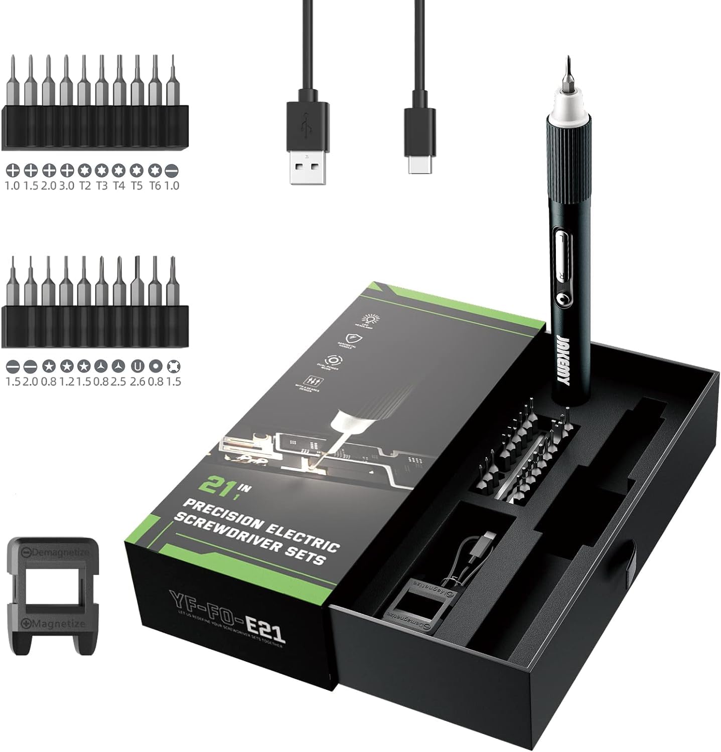 JAKEMY Mini Elektro Schraubendreher E21-A Set Einstellbares 3 Drehmoment Akku Feinmechaniker Elektrischer Schraubendreher mit LED-Lichter USB Typ-C Aufladung für PC, Laptop, Brillen, Uhren, Kamera