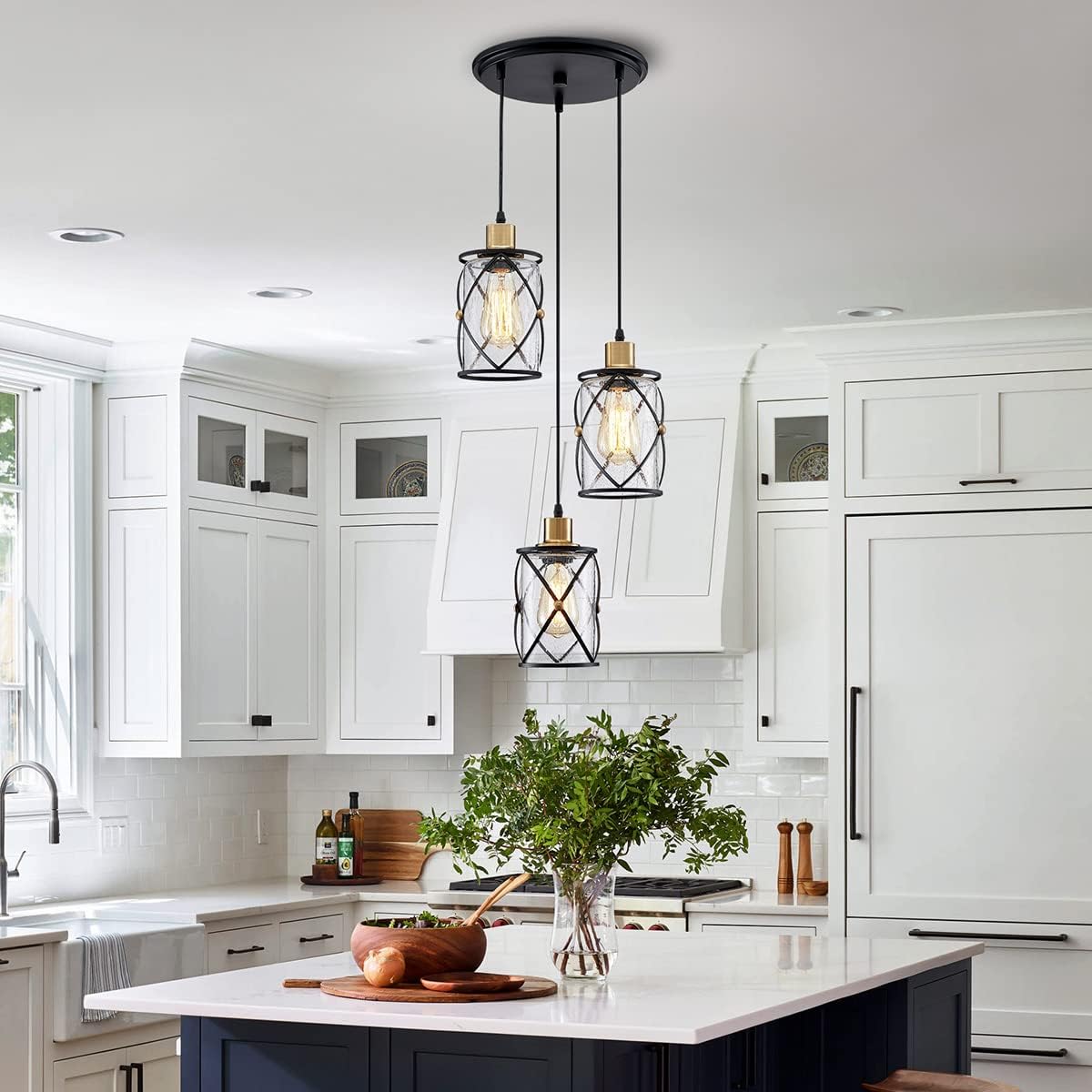 WUZUPS Chandelier Semi Flushmount Industrial 3-Light Pendant Ceiling Light Fixture Clear Seeded Glass Shade for Entryway Porch Foyer Kitchen Dining Room Bathroom W11.5 E26 Base Black with Brass
