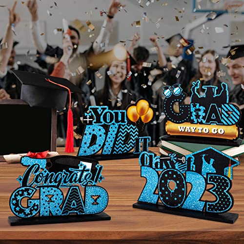 4 Pieces 2023 Graduation Party Table Decorations，Wood Class Of 2023 Grad Congratulate Centerpieces, Table Toppers For High School & College Graduation, Favor Supplies,Blue Grad Table Decor #TOP1