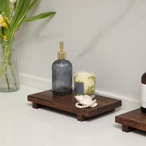 Miniatura 5 de HOMGDN Bandeja de madera con pedestal, decoración de baño de granja, bandeja decorativa con pies de madera, elevadores de cocina de madera, soporte