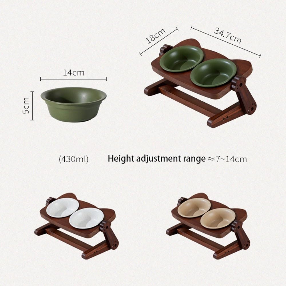 Ceramiczny zestaw podwyższonej miski dla kota ze stojakiem z drewna akacjowego(Coffee)