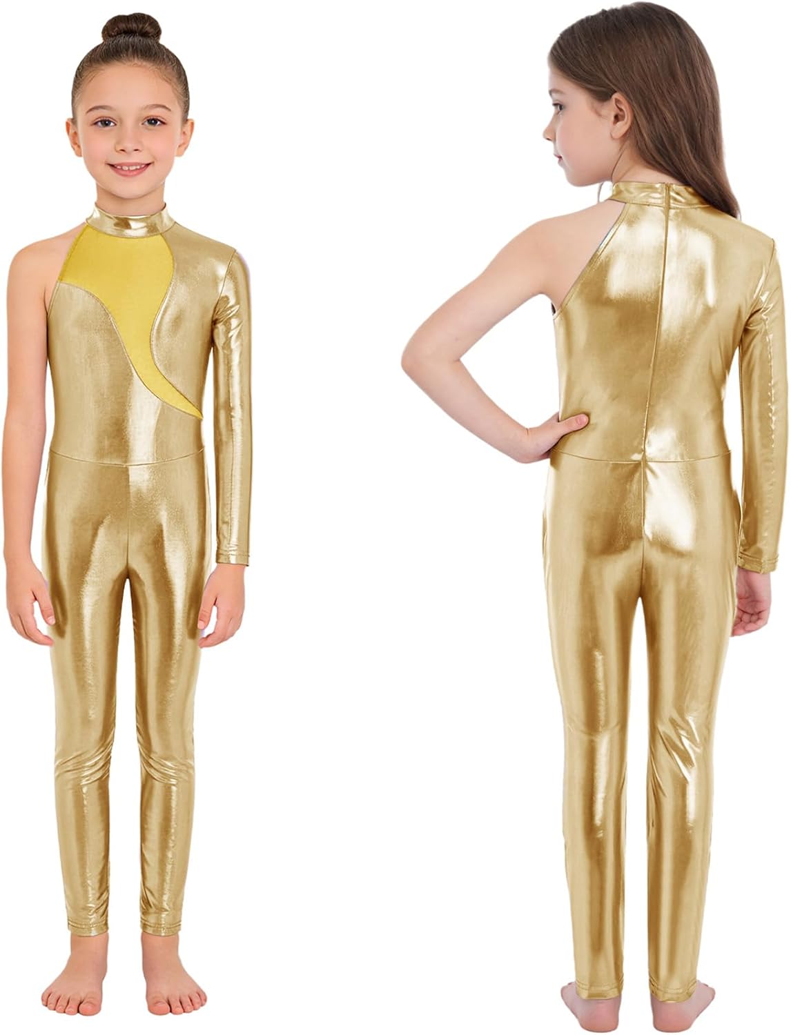 Girls Figure Ice Skating Unitard Single Long Sleeve Back Zipper Gymnastics Ballet Dance Leotard for Stage Performance