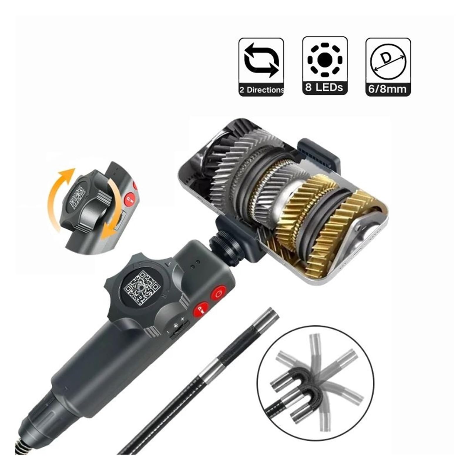 6,0 MM/8, MM 2, MP 180 Stopni Kierownica Endoskop Przemysłowy Samochody Boroskop Inspekcyjny Kamera Z 8 Diodami LED Wyraźniejszy Obraz Dokładniejsze Inspekcje(8.0mm USB)