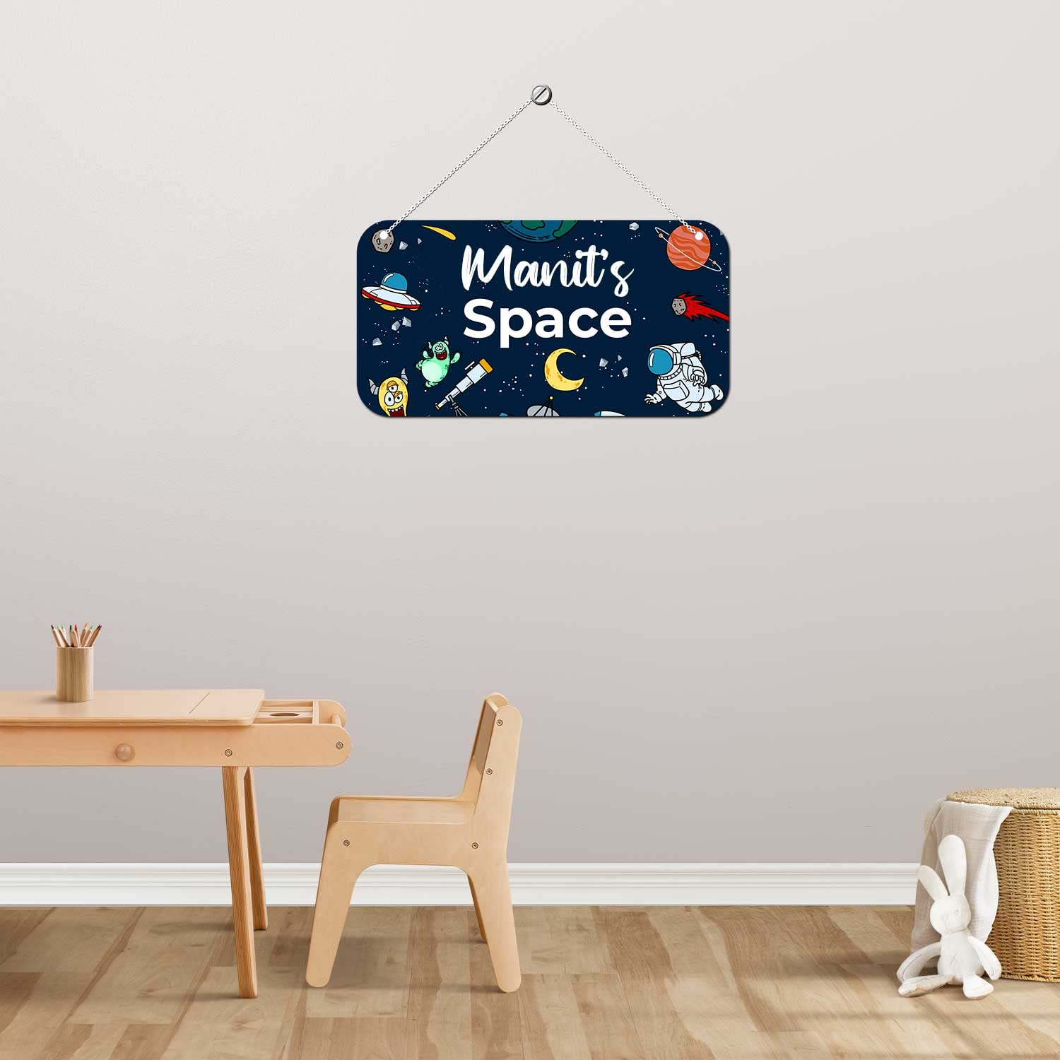ASHVAH Space Theme Personalised Kids Name Plate Wall/Door Sign Kids Room Décor- Size :- 28 x 14 cm, Name - Manit 1