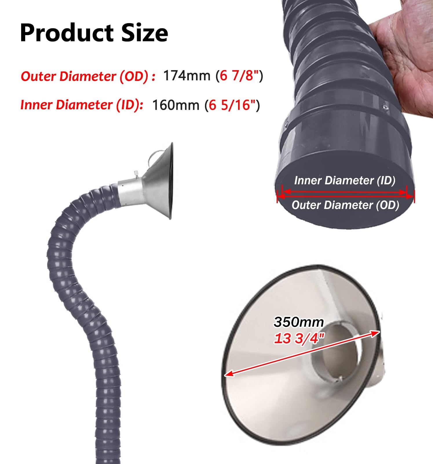 Manguera industrial de humo con capucha, brazo articulado flexible para extracción de humo de aire y polvo, 160 mm de diámetro, 1 m de longitud