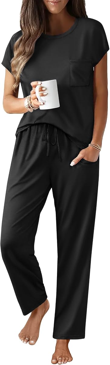 Womens Pajama Sets 2 Pcs Short Sleeve Lounge Set with Pockets