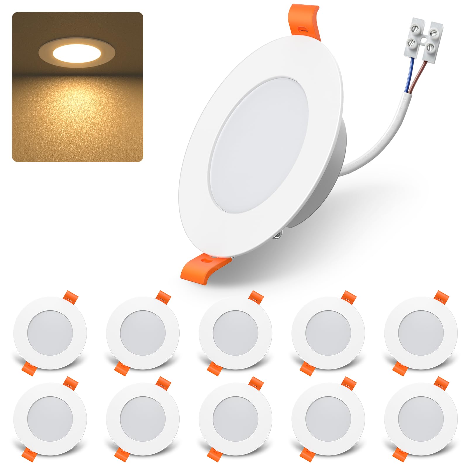 DUSKTEC - Foco LED empotrable extraplano, 220 V, blanco cálido, lote de 10 focos LED, 7 W, 660 lm, cuarto de baño, foco empotrado, techo IP44, agujero 68 – 90 mm, para cocina, salón, pasillo