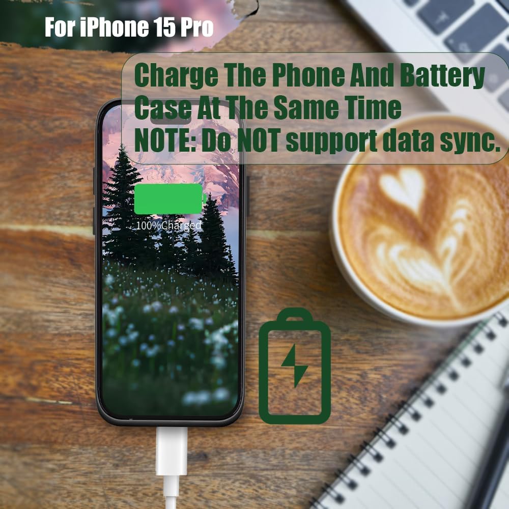 Sitong Battery Case for iPhone 15 Pro, 5000mAh Rechargeable Extended Battery Charging/Charger Case, Add 100% Extra Juice (6.1 inch) Black