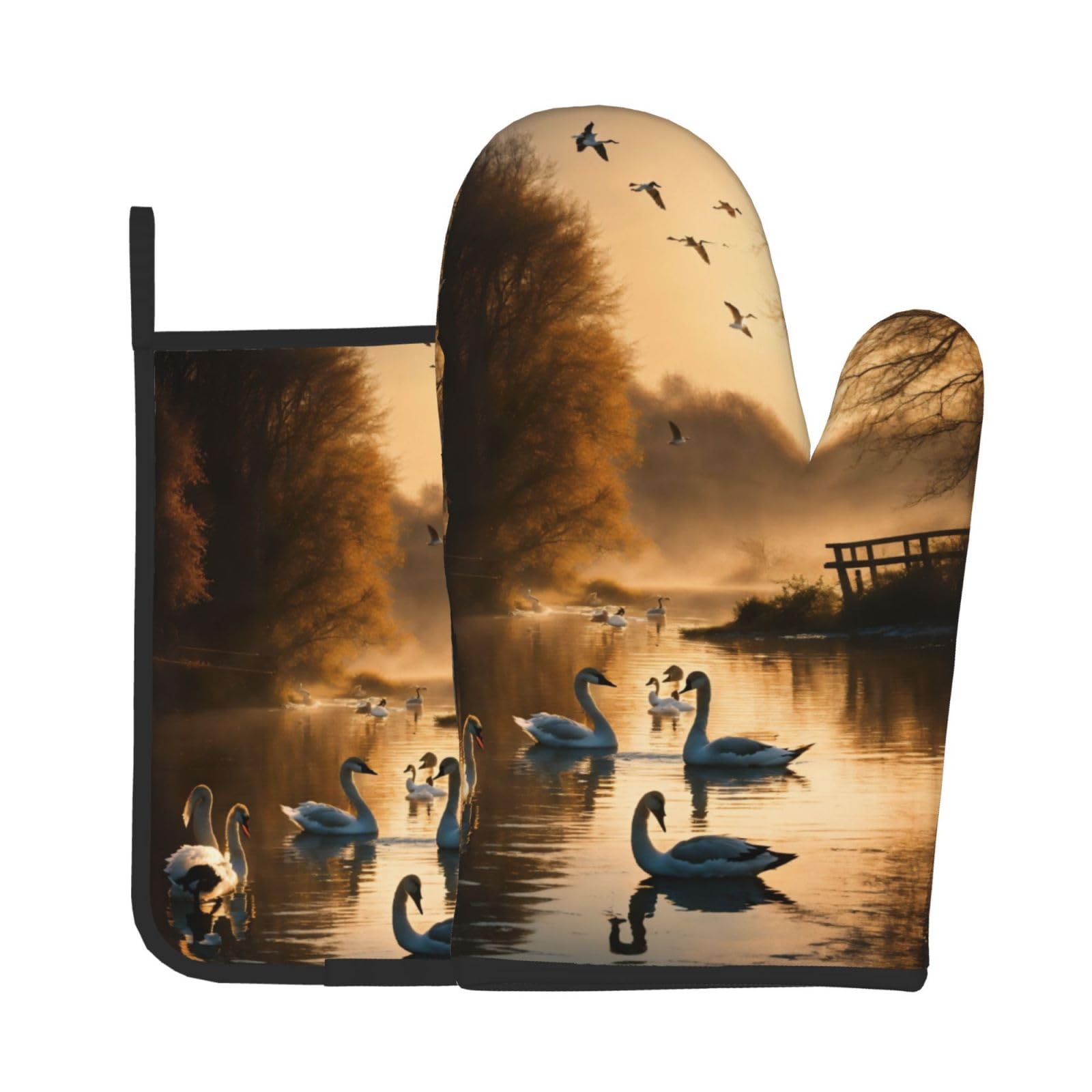 Hunting Flying Wild Ducks Kitchen Baking Two-Piece Set,Multipurpose Oven Gloves,Used for Barbecue Kitchen Baking