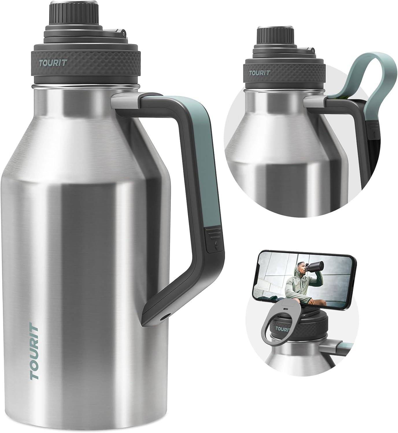 TOURIT 64oz Insulated Water Bottle Stainless Steel, Half Gallon Large Water Jug with 2-in-1 Handle, Double Wall Vacuum Metal Keep Cold & Hot, Wide Mouth Sport Water Flask For Gym, Travel, Silver