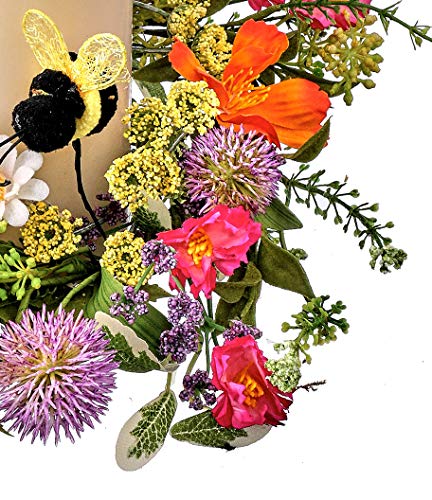 Reg 10 Inch Summer Blooms And Bumble Bee Candle Ring-Artificial Floral Yellow,Pink,Orange And White Blossoms #TOP1