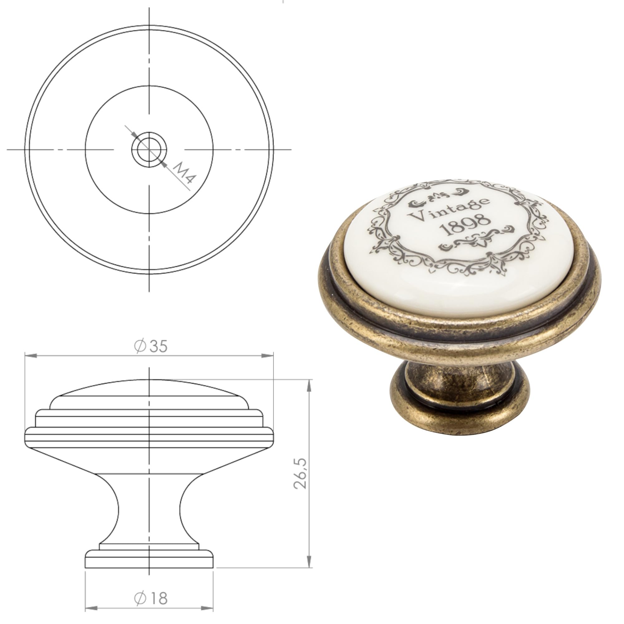 Image secondaire de Lot de 2 Boutons de Tiroir Vintage en Laiton et Porcelaine 35 mm
