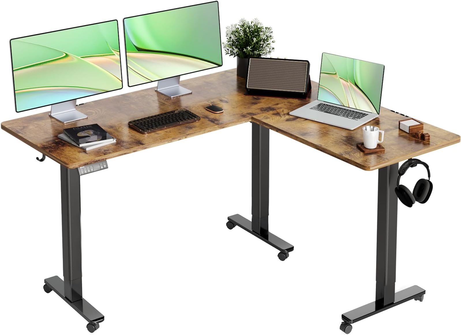 L Shaped Standing Desk Adjustable Height, Dual Motor Electric Corner Standing Desk, 63x55 inch Sit Stand up Desk with Splice Board, Rustic Brown