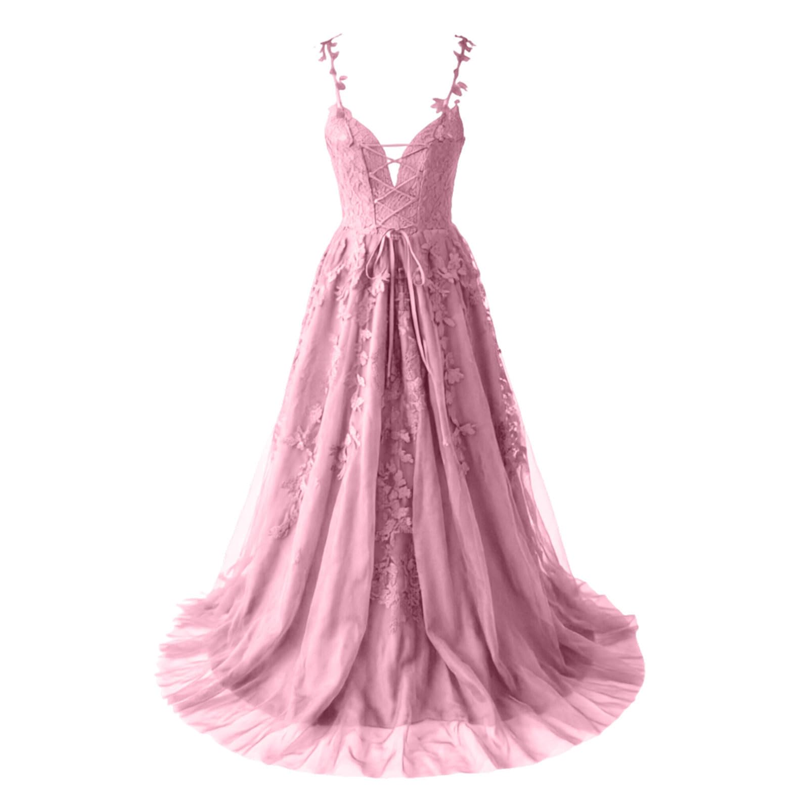 Damen Chiffon Ballkleider Lang V-Ausschnitt Spitzenapplikationen Brautjungfernkleid mit Schlitz Spaghettiträger Perlen A-Linie Abendkleider