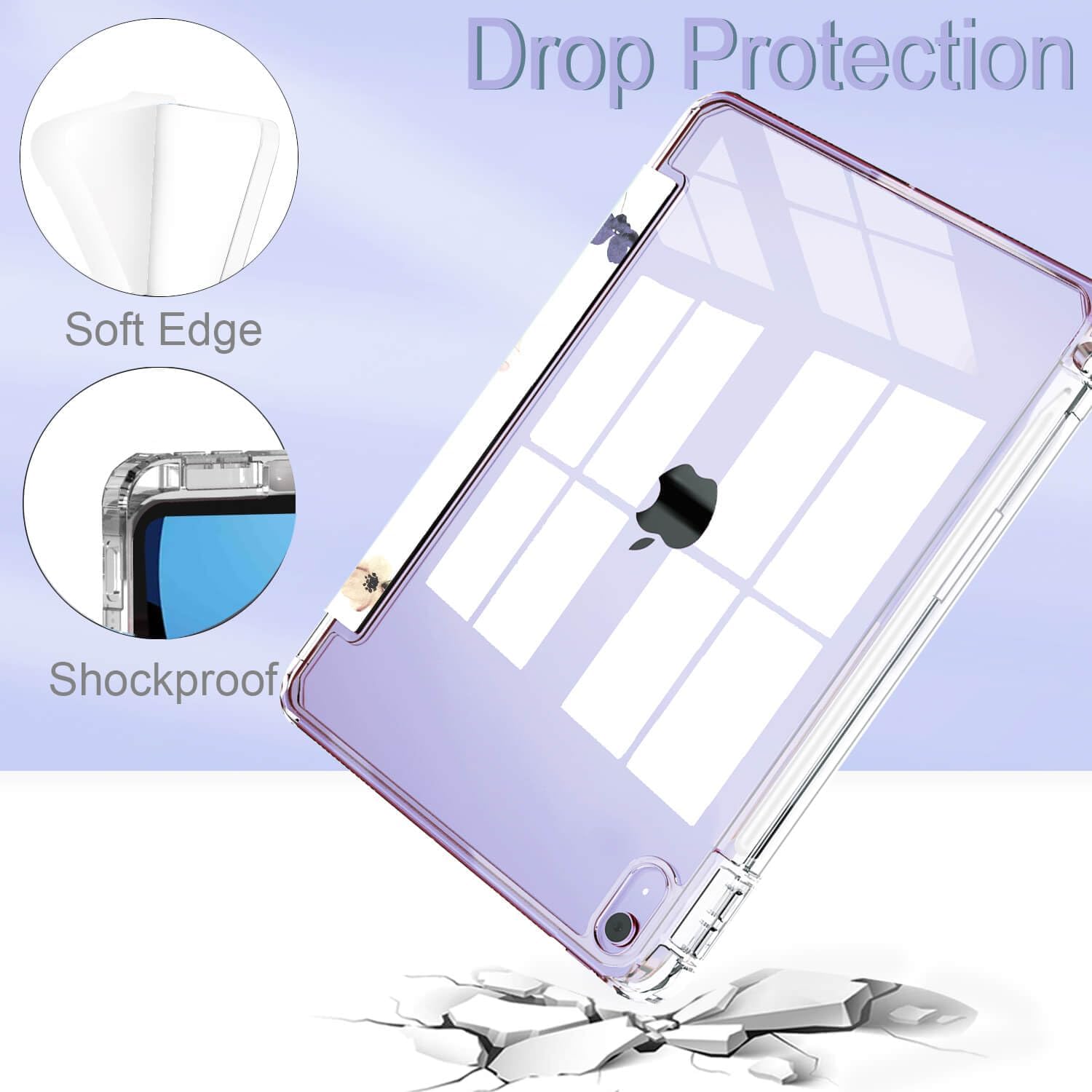 Feams Slim Case for iPad Air 11-inch M3 2025 / M2 2024, iPad Air 5th Generation 2022 / iPad Air 4th Generation 2020 10.9 Inch Case Clear Back with Pencil Holder & Auto Sleep, Purple Flowers - Image 3