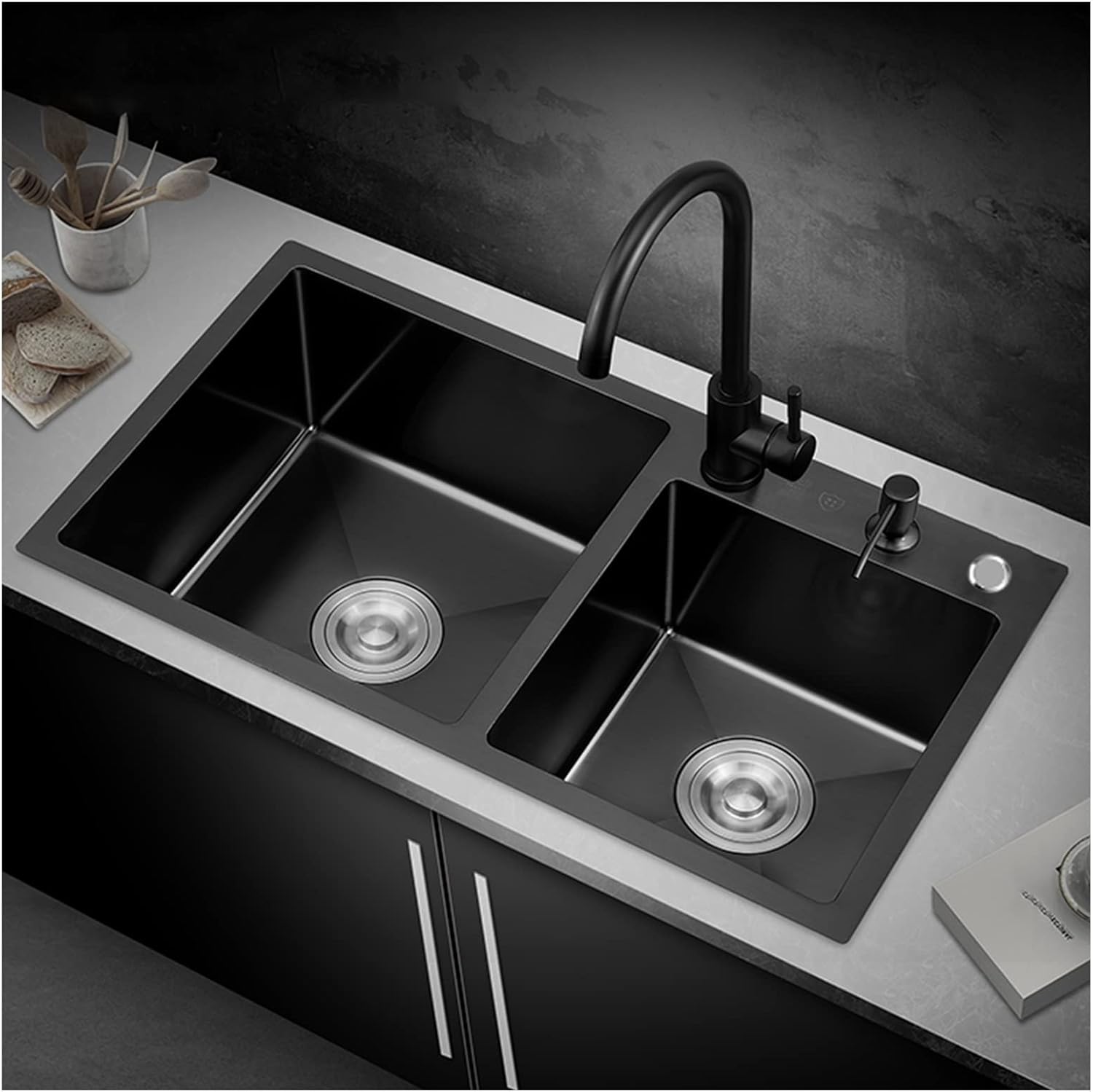 Matte Black Double Bowl Kitchen Bar Sink 304 Stainless Steel Wet Bar & Prep Sink RV Sink with Faucet & Drain Top Mount Or Undermount (Color : Black-a, Size : 82x45x22cm)
