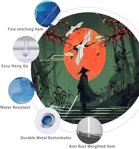 Miniatura 3 de YLRLGD1373 - Cortina de ducha de arte samurái japonés, con tinta de acuarela, diseño de flores de cerezo, tela de poliéster, con 12 ganchos, 72 x 72