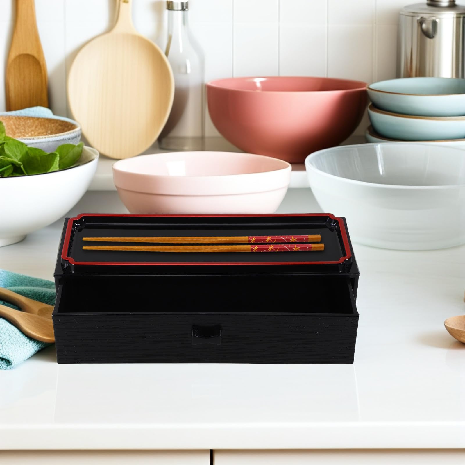 Caja de Almacenamiento de Palillos y Cubiertos Diseño Japonés, Madera Negra Vetas, Mecanismo Extraíble, 1 Pieza, Organizador para Cocina y Comedor, Porta Cubiertos Compacto