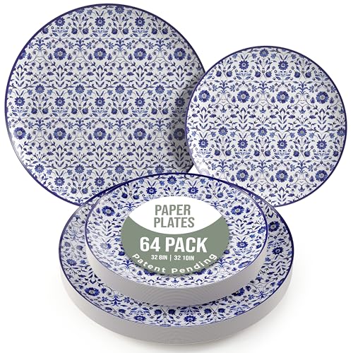 Trendables Heavy Duty Paper Plates Set For 32 Guests - 32 Each Of 8-inch And 10-inch Disposable Plates For Party - Fancy 64 Piece Dinnerware Set For All Occasions | Floral Design, Florentine