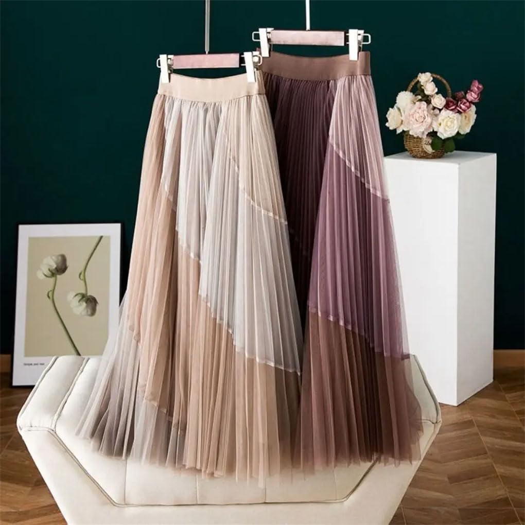 Jupe plissée en gaze pour femme - Jupe midi décontractée élastique taille haute