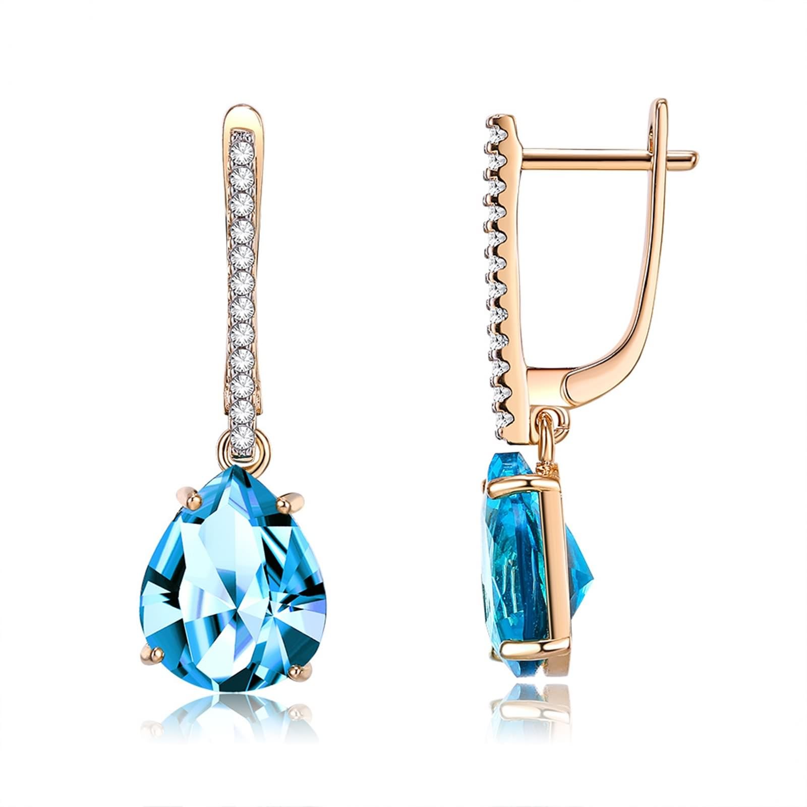 AMDXD Pendientes de aro para mujer de oro 375 de 9 quilates, pendientes de aro con topacio azul, corte de gota, creado en laboratorio, pequeños pendientes de oro amarillo de 9 quilates