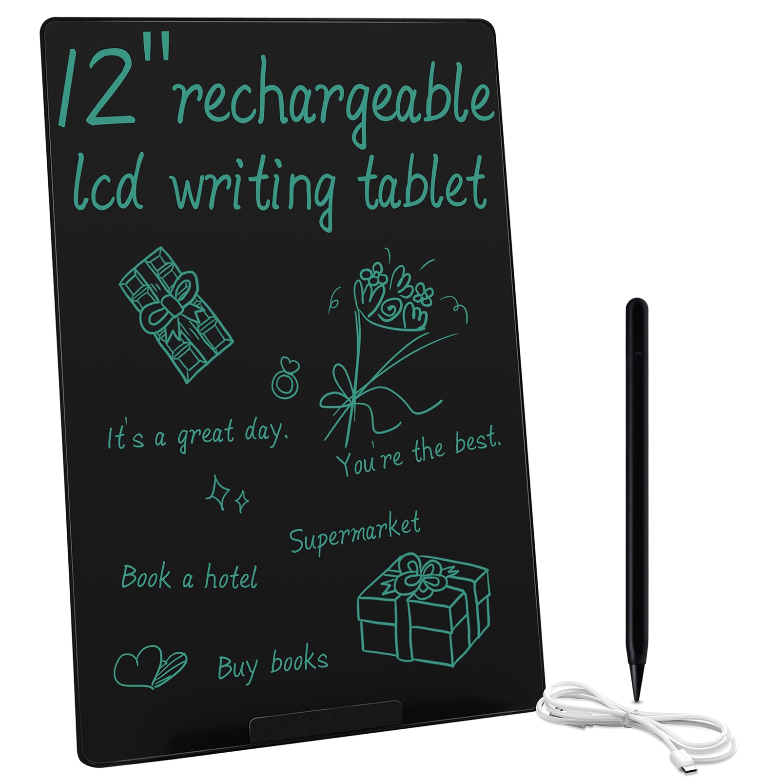 Rechargeable LCD Writing Tablet for Adults: 12 inch Full Screen Black