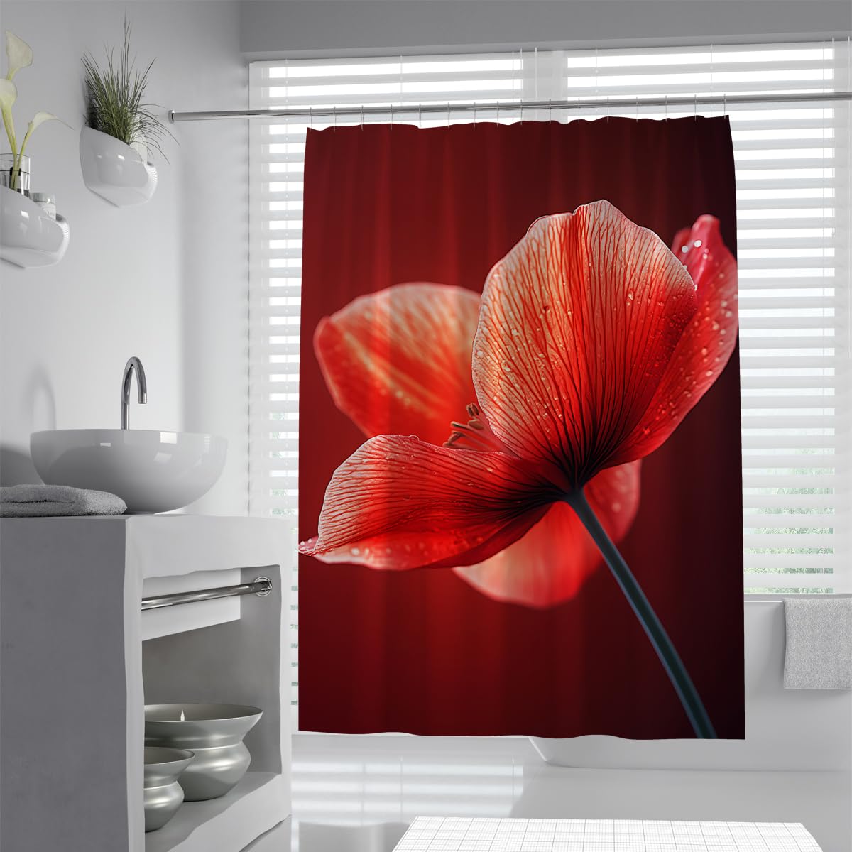 UIRINGART Modern Red Tulip Shower Curtain W200xL220cm Large Flower Petal Water Drop Dark Background Pattern Quick Dry Bathroom Curtain Rustproof Grommets Home Hotel Decoration