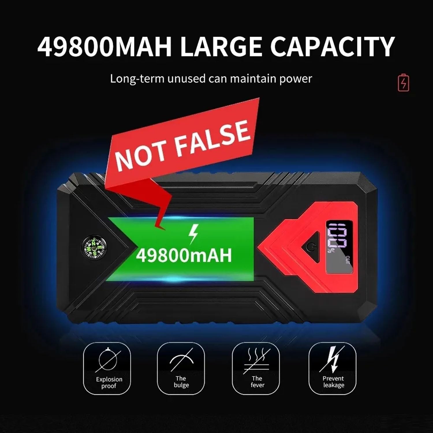 Avviatore di emergenza Power Pack, Avviatore di emergenza per batteria per auto da 1600 A con luce LED, Alimentatore di avviamento di emergenza portatile per veicoli da 12 V Con clip per batteria inte