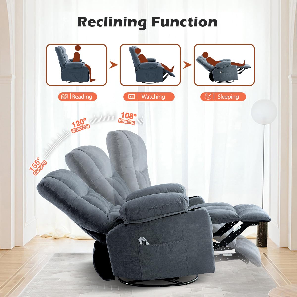 MAHOMICO Recliner Chair with Cup Holders for Living Room Single Seat Manual Oversized Recliner with Ergonomic, Side Pocket for Adult view 4