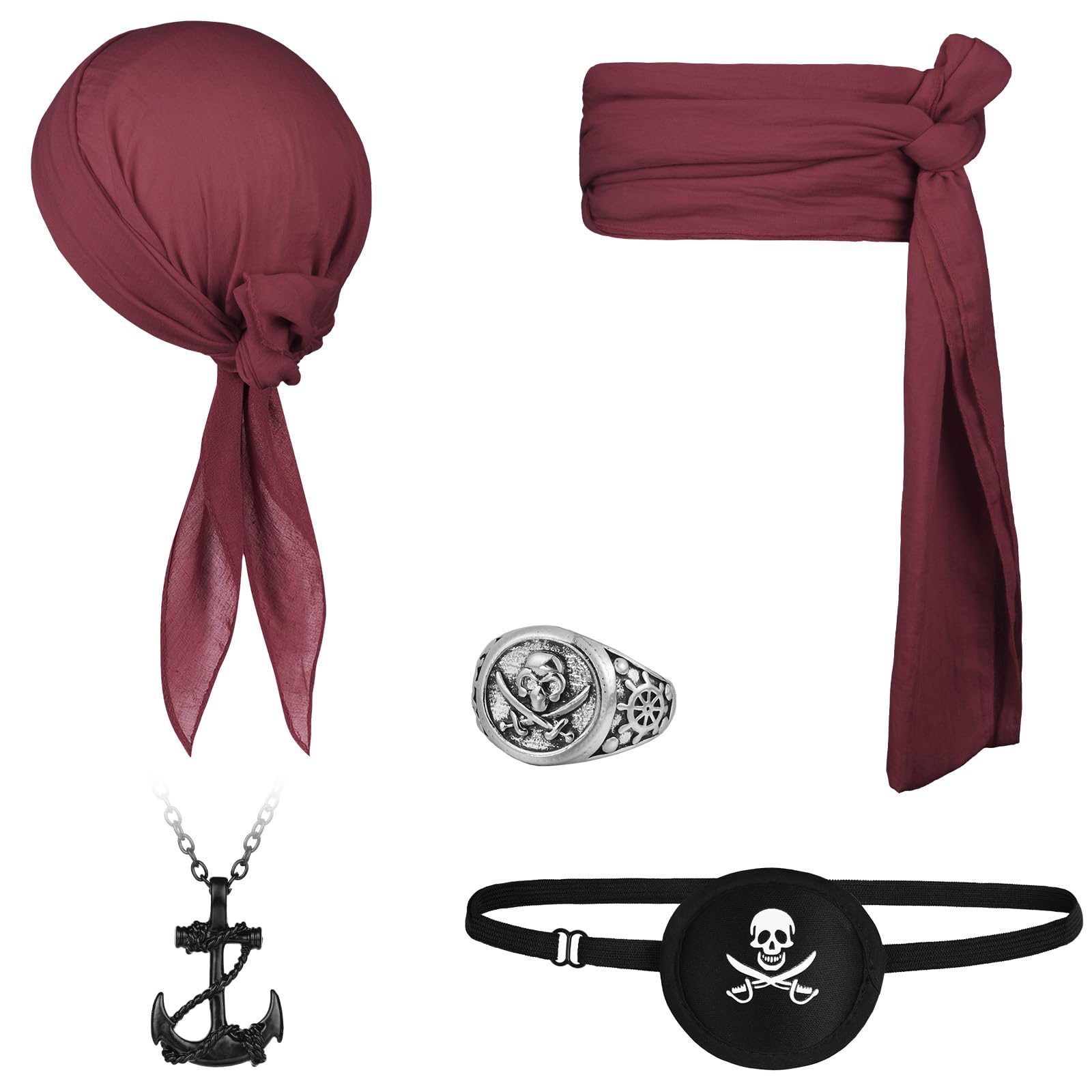 Alaoo 5 Pcs Pirate Costume Accessories Set, Captain Accessories with Bandana Sash Belt Eye Patch Anchor Pendant Chain, Medieval Renaissance Pirate Costume for Halloween Party, Wine Red