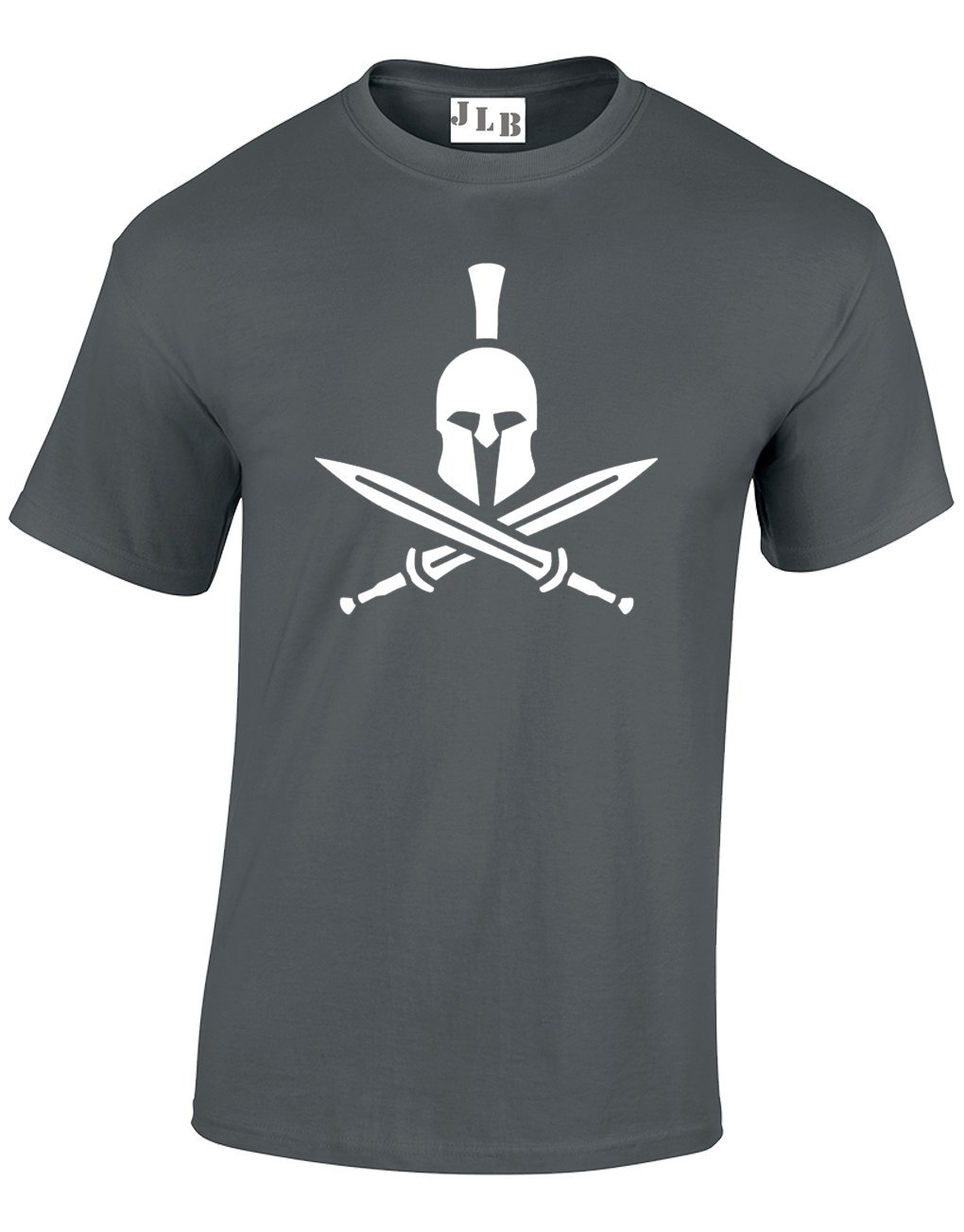JLB Print Spartan Helmet and Crossed Swords Cool Premium Quality Regular Fit T-Shirt Top for Men and Teens Charcoal