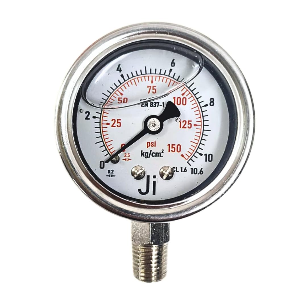 "Ji" Japsin Instrumentation Economical Pressure Gauge Glycerin Filled, 2" Dial, Range 0 to 10.6 Kg/Cm2 with Dual Scale of 150 PSI, Direct Mounting Bottom Entry, 1/4" NPT (M) Connection, SS Body-image-11