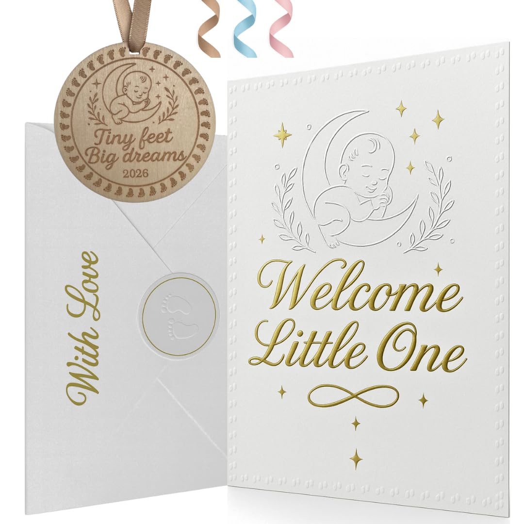 2026 Luxury A5 New Baby Card with Wooden Keepsake – Premium Cotton Paper with Gold Foil & Embossing – Matching Envelope & Seal – Baby Boy, Baby Girl & New Parents Congratulations Card