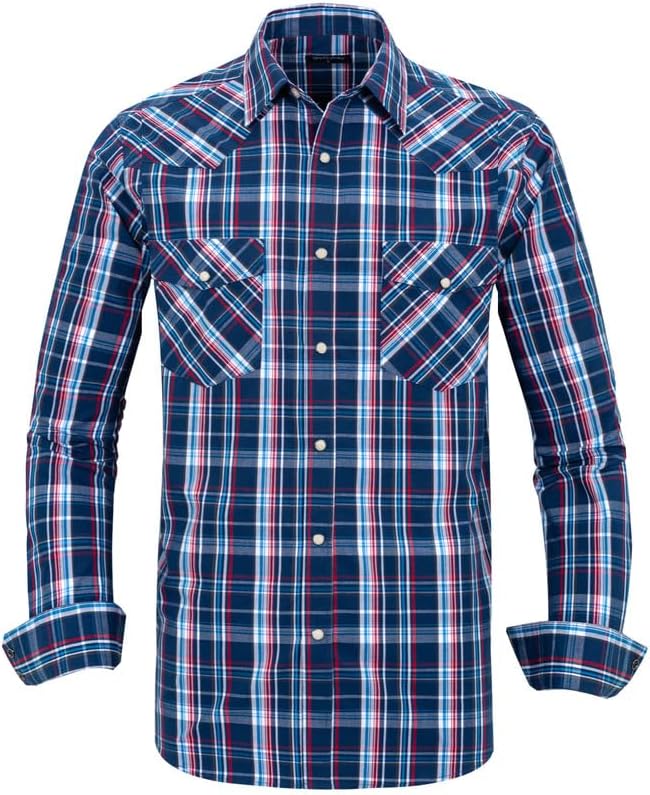 Men’s Western Cowboy Shirts-Long Sleeve Snap Button Plaid Shirt, Regular Fit Cotton Casual Shirt