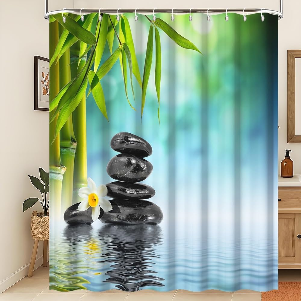 Terme GiardinoTenda da doccia Centro benessere verde bambù nero pietra fiore tenda da bagno Semplice tenda da doccia impermeabile Tessuto impermeabile lavabile in lavatrice 120x200cm