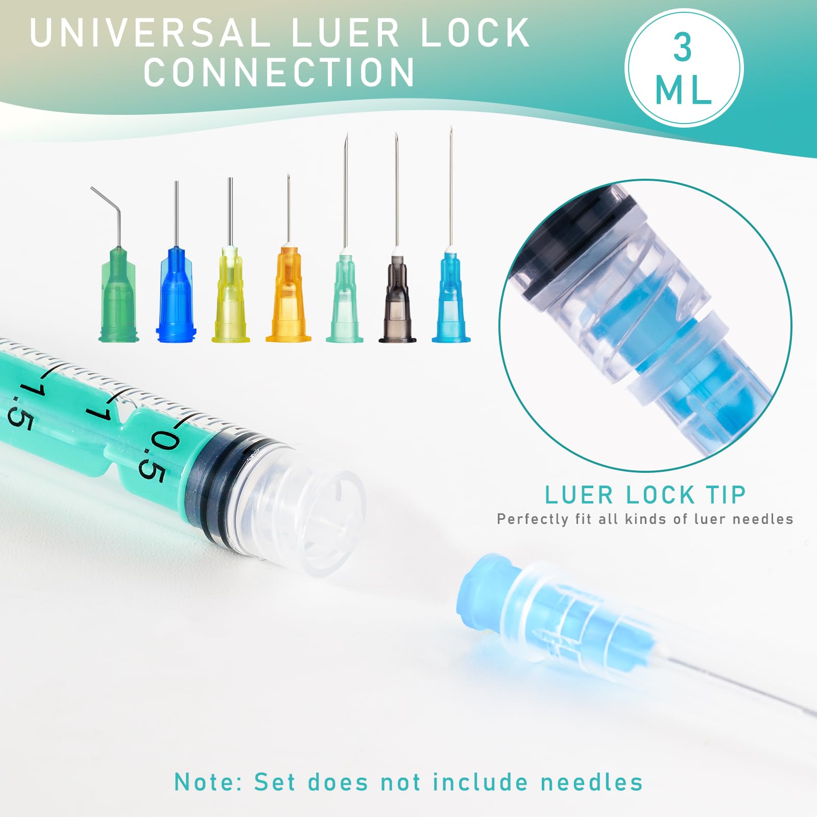Jeringa Luer Lock de 3 ml sin aguja, diseño de bloqueo de seguridad a prueba de fugas con tapa, envuelta individualmente estéril (paquete de 20, verde)